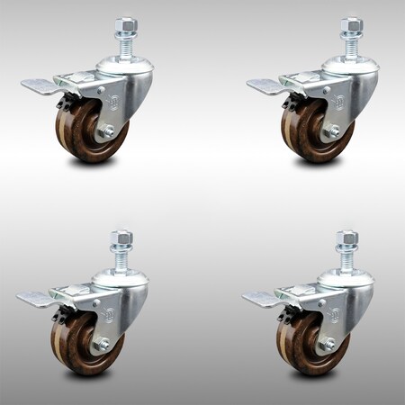 Service Caster 3 Inch SS High Temp Phenolic 12mm Threaded Stem Caster Set Total Lock Brake SCC-SSTSTTL20S314-PHSHT-M1215-4